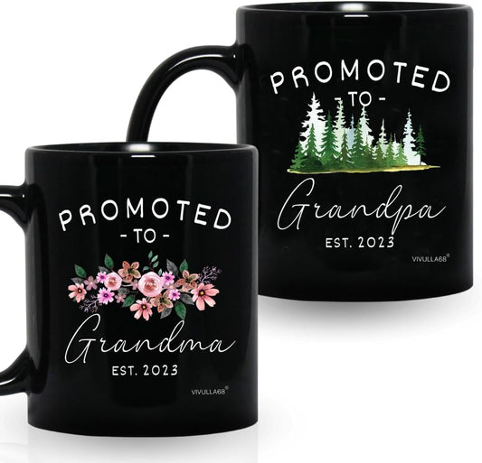 mailabeeus Pregnancy Announcement For Grandparents Mug Set, Promoted To Grandparents Grandma And Grandpa 2023 Mugs, New Grandparents Gifts First Time 2023, Grandparents Baby Announcement Gifts (Black)