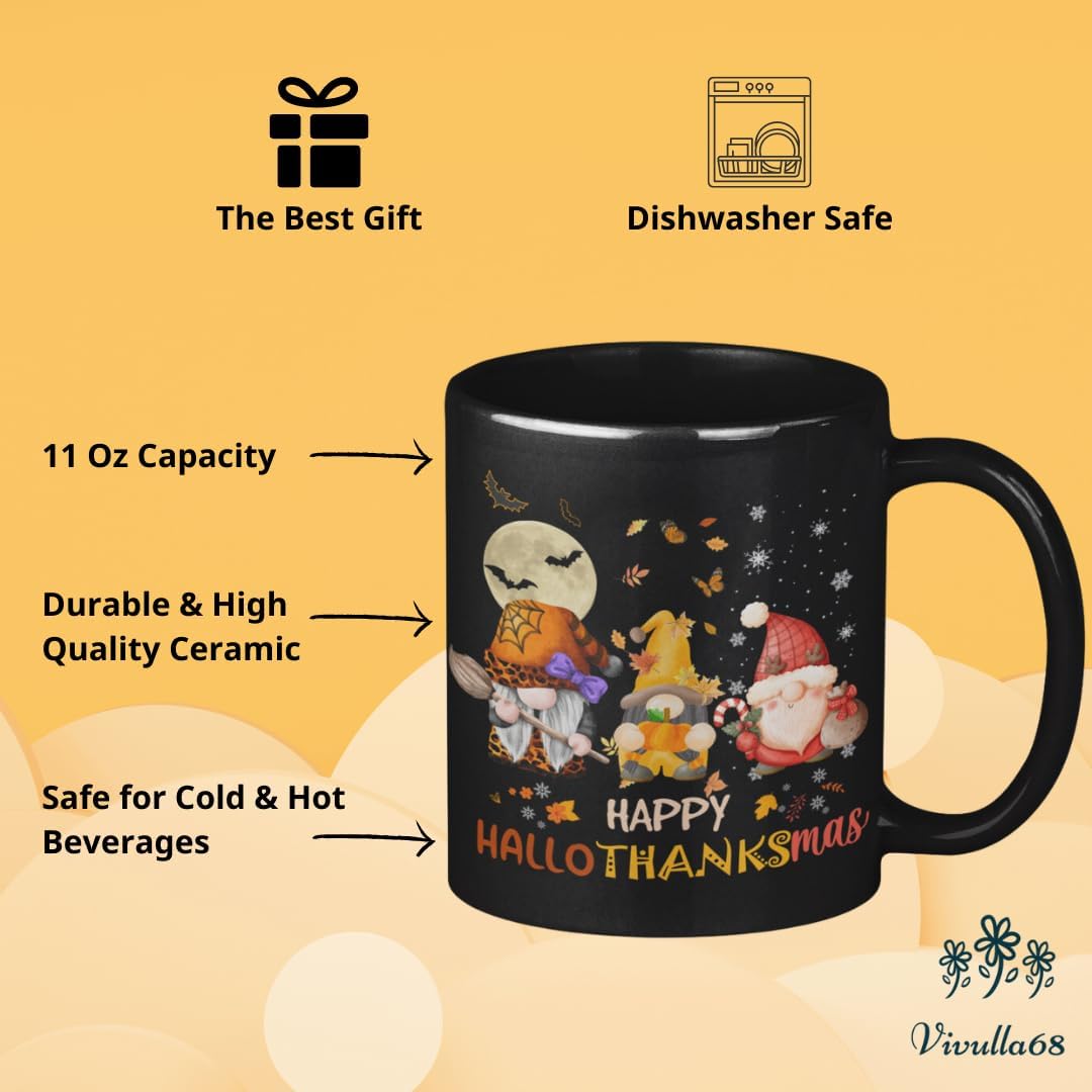 mailabeeus Happy Hallothanksmas Mug, Gnomes Gifts for Women, Women Christmas Gifts, Xmas gifts, Hocus Pocus Gifts, Halloween Mug, Halloween Cup, Hocus Pocus Mug, Fall Gifts, Fall Coffee Mug, Autumn Mug