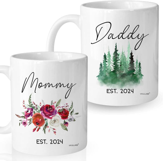 mailabeeus Mommy Daddy Est 2024 Mugs, Pregnancy Announcement For Parents Mug Set, New Mom and Dad Gifts First Time 2024, New Parent Gifts, Baby Announcement Mug, Mom and Dad Mugs