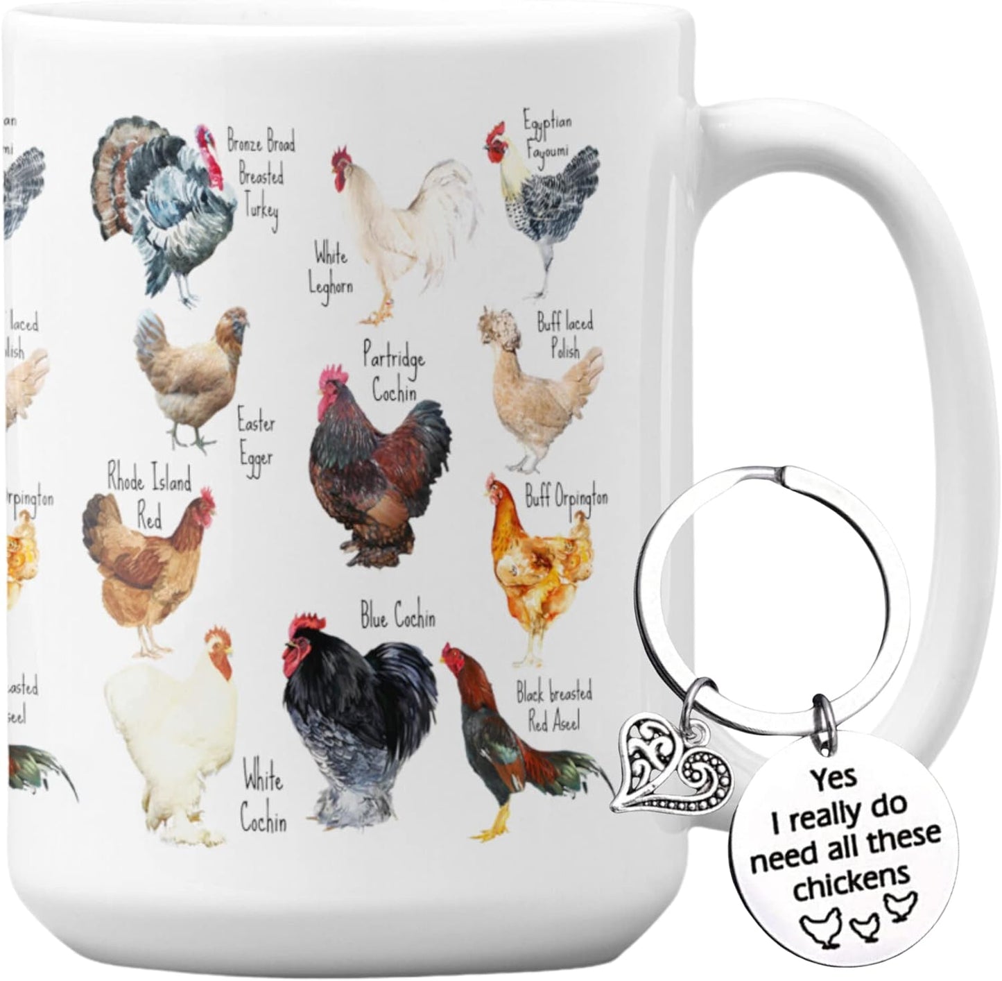 mailabeeus Breeds of Chicken Coffee Mug 15Oz With Keychain, Chicken Gifts For Chicken Lovers, Chicken Mom Stuffs, Chicken Coffee Cup For Women, Chicken Themed Gifts, Chicken Lady Gifts