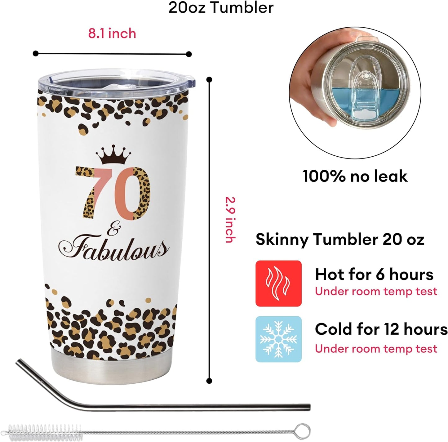 mailabeeus Happy 70th Birthday Gifts For Women, Best Gifts Idea For 70 Year Old Woman, 1953 Birthday Gifts Women, 70 Birthday Gifts For Women Turning 70, 70 Year Old Birthday Tumbler With Lid And Straw