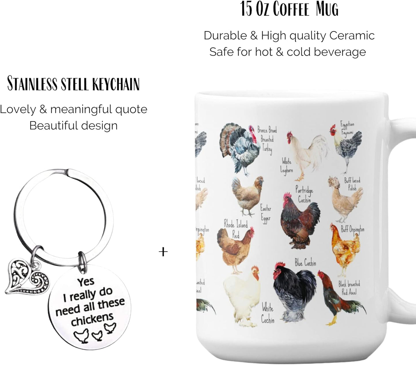 mailabeeus Breeds of Chicken Coffee Mug 15Oz With Keychain, Chicken Gifts For Chicken Lovers, Chicken Mom Stuffs, Chicken Coffee Cup For Women, Chicken Themed Gifts, Chicken Lady Gifts