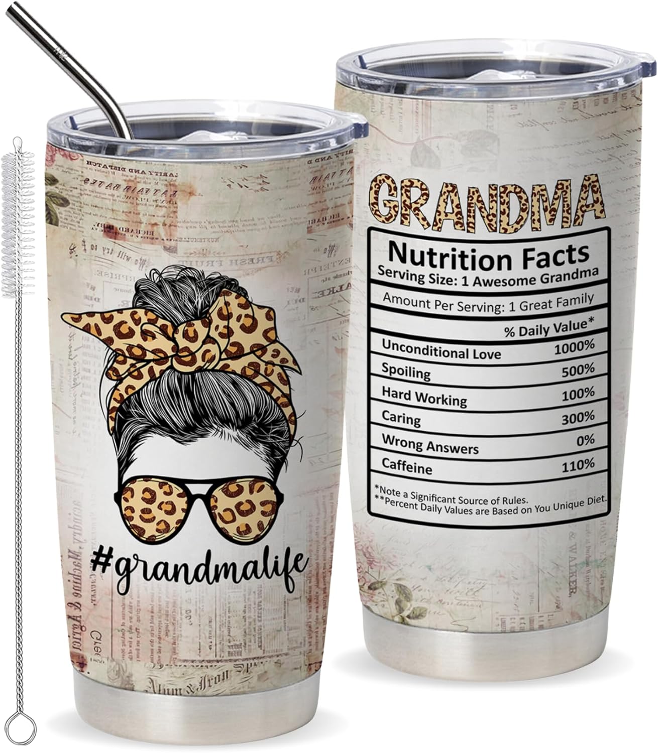 mailabeeus Grandma Coffee Tumbler With Straw, Grandma Birthday Gift Ideas From Grandchildren, Nana Tumbler, Mimi Tumbler, Gigi Tumbler, Grandma Nutritionfact Travel Coffee Mugs, Grandmother Present