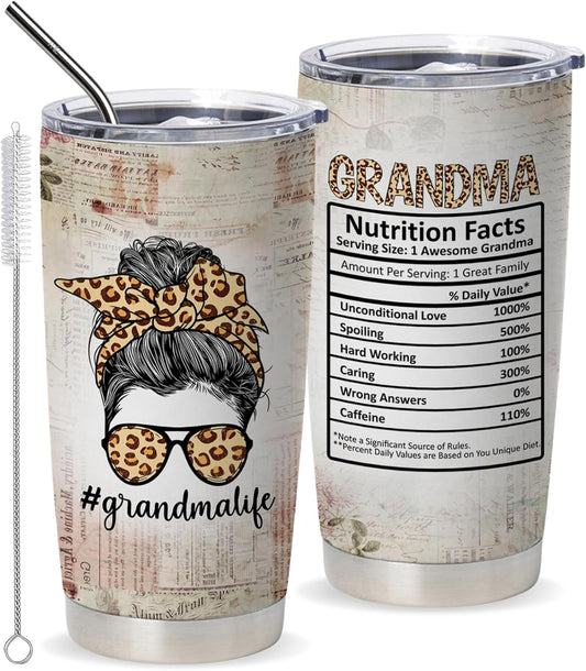 mailabeeus Grandma Coffee Tumbler With Straw, Grandma Birthday Gift Ideas From Grandchildren, Nana Tumbler, Mimi Tumbler, Gigi Tumbler, Grandma Nutritionfact Travel Coffee Mugs, Grandmother Present