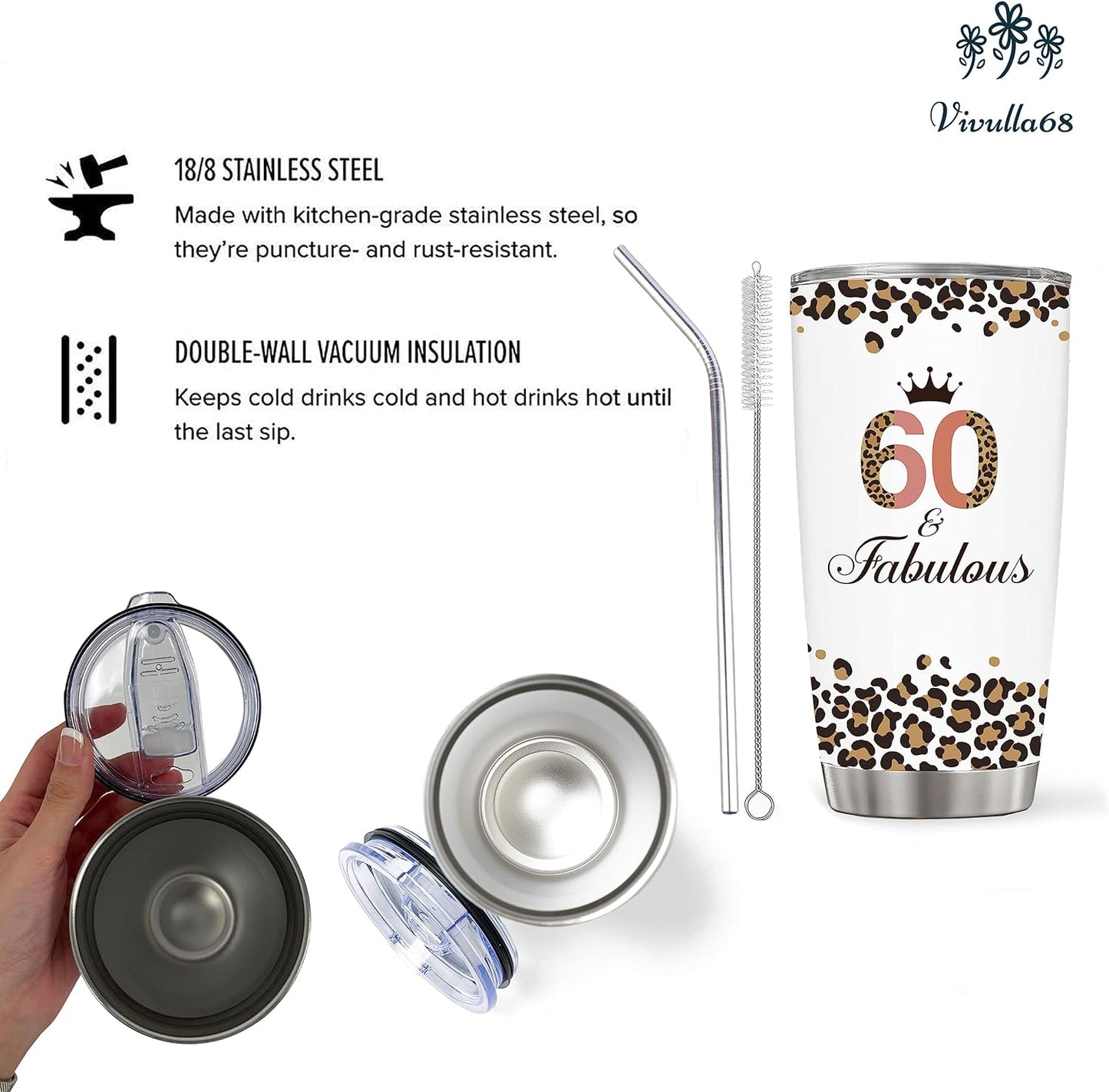 mailabeeus Happy 60th Birthday Gifts For Women, 60 Birthday Gifts For Women, Birthday Gifts For 60 Year Old Woman, 1963 Birthday Gifts Women, Turning 60 Gifts, 60th Birthday Tumbler With Lid and Straw